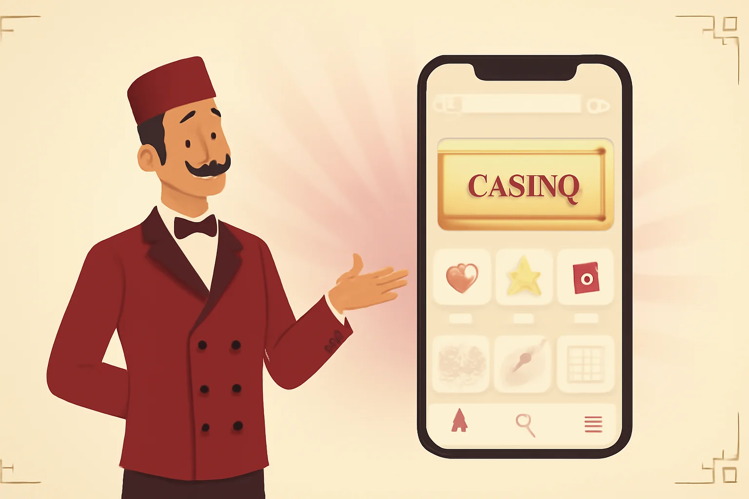 Mockup del sito Slot Palace aperto nel browser di uno smartphone, con la mascotte del sito accanto allo schermo