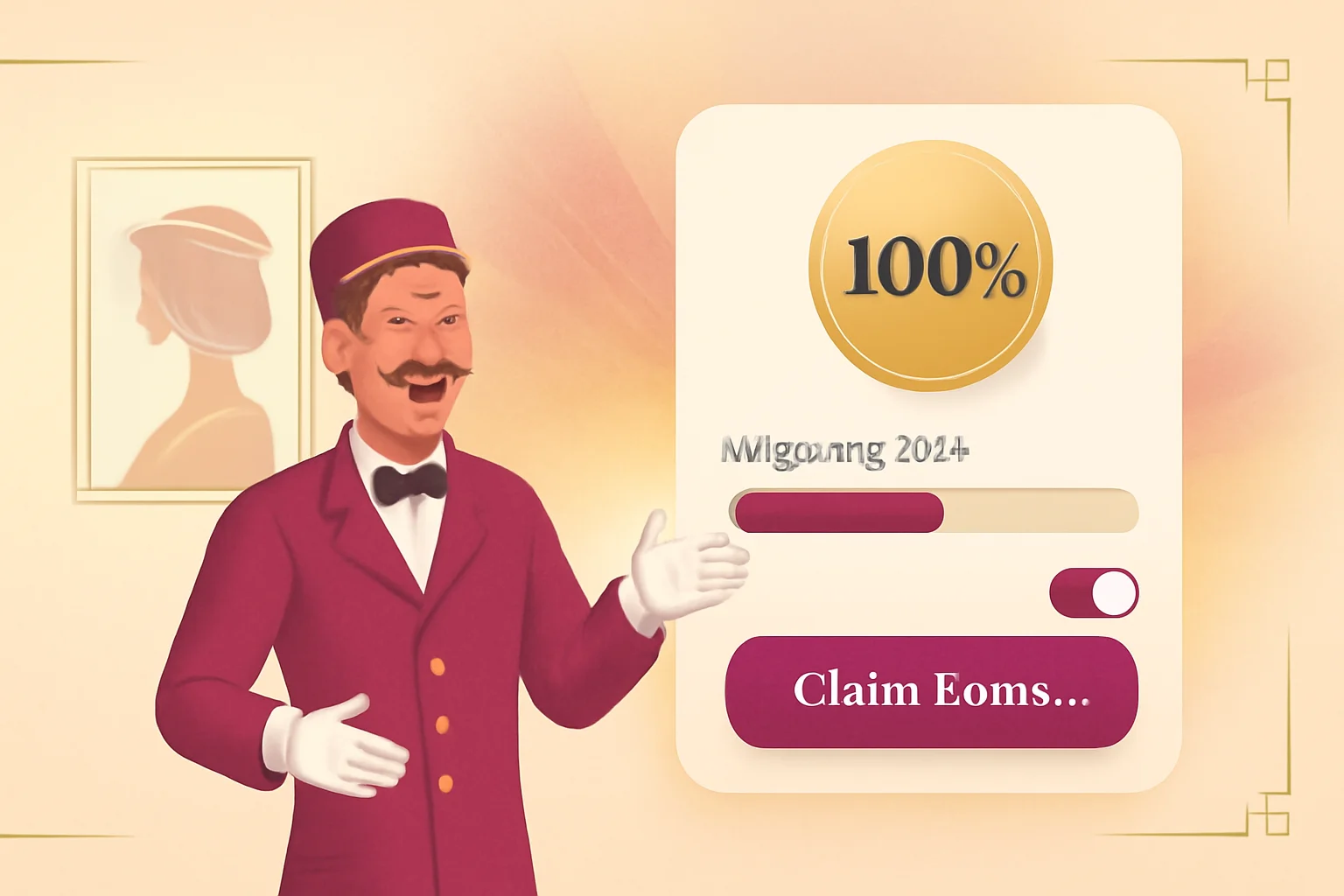 Mockup della schermata di richiesta bonus Slot Palace con la mascotte del sito accanto ai passaggi di attivazione