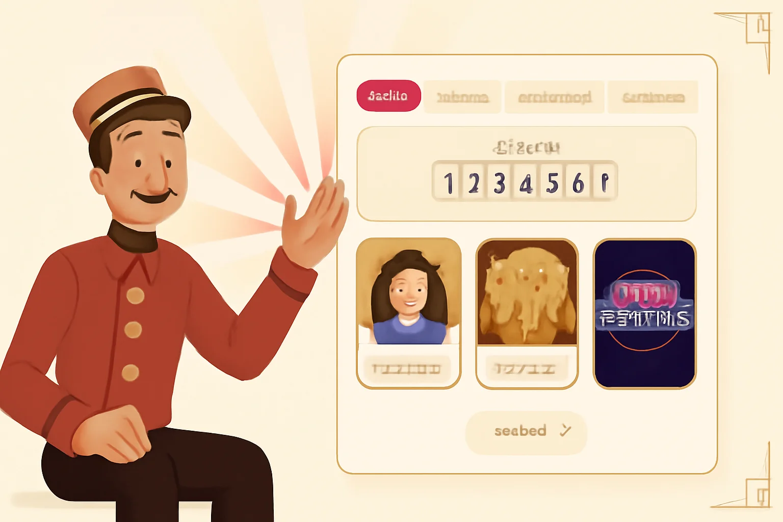 Mockup dei filtri del catalogo Slot Palace per fornitore e categoria, con la mascotte del sito accanto ai controlli