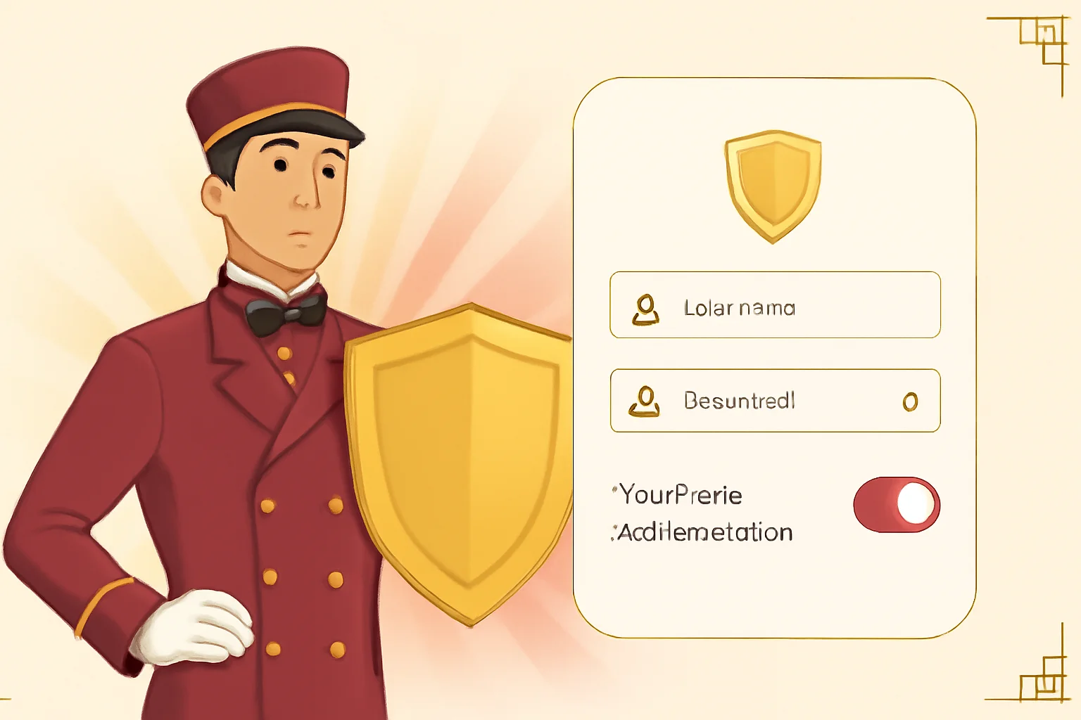 Mockup della schermata di accesso sicuro Slot Palace con la mascotte del sito accanto ai campi email e password
